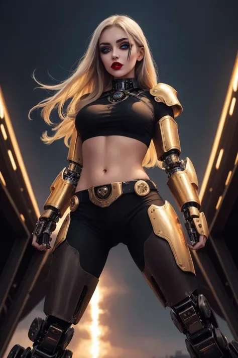 mentixis girl wearing cybernetic armor, beautiful face, beautiful detailed golden eyes, piercing eyes, looking at viewer, long hair, bare midriff, beautiful detailed legs, battle stance, spaceship bridge, dark background, blurred background,  trending on artstation, <lora:mentixis:1> Goth girl 1girl <lora:Goth_girl-v2S:0.8> makeup, lipstick