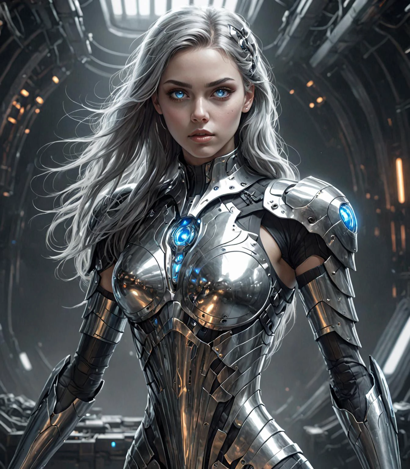 mentixis girl wearing cybernetic armor, beautiful face, (beautiful detailed eyes, grey eyes, piercing eyes, looking at viewer), long hair, bare midriff, beautiful detailed legs, beautiful detailed skin, battle stance, spaceship bridge, dark background, blurred background, trending on artstation, looking at viewer <lora:mentixis:1> Goth girl 1girl <lora:Goth_girl-v2S:0.8>.
A hyperrealistic digital art piece featuring a provocative and sexy female lead character set against a backdrop of futuristic machinery. The character, poised for battle exudes strength and confidence. The muted color palette with dominant grays and metallic tones is accentuated by the character's blue eyes and luminescent elements on their skin. Soft lighting highlights the high-detail rendering of the metallic textures and reflective surfaces. The composition symbolizes power and readiness, resonating with cultural fascination for technology and strong female figures in fantasy narratives. Comparable to works by Artgerm, Jason Chan, or Kekai Kotaki, featured in ArtStation, DeviantArt, CGSociety, and ImagineFX publications, and honored with Spectrum Fantastic Art and Chesley Awards.