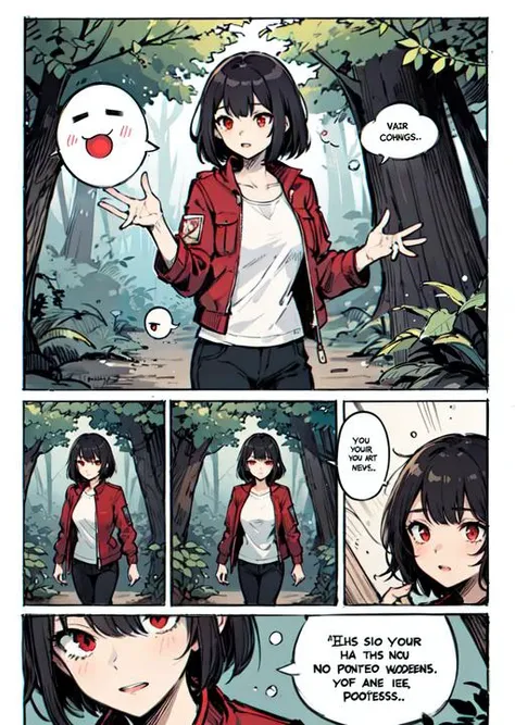 masterpiece, best quality, 1girl, short black messy hair, red eyes, red adventurer jacket, medium breasts, cargo pants, (Text Bubble), comic about being lost in a forest, ghosts, eerie, Border, (profiles:0.3), 4 panels,  <lora:manhuav1.2:0.8>