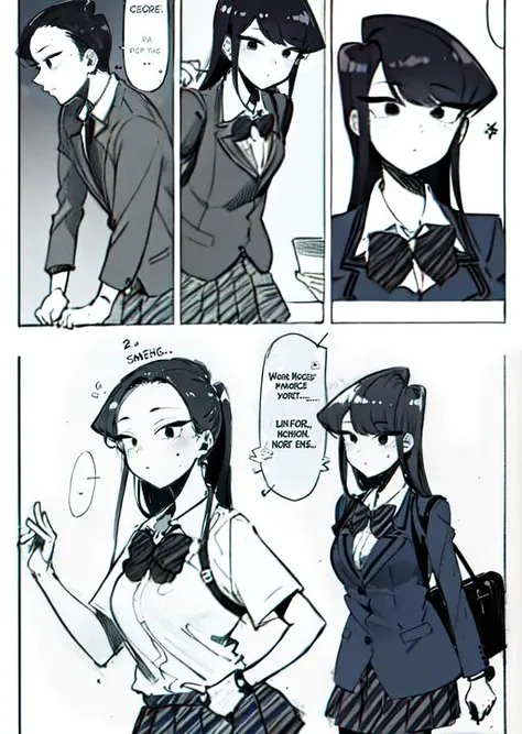 masterpiece, best quality, komi shouko, school uniform, (big eyes, no nose:0.6), (Text Bubble), weird expressions, Border, (profiles:0.5), 2 panels, comic about walking to school,<lora:manhuav1.2:0.8>, monochrome, lineart, <lora:komiCantCommunicate:0.9>, <lora:komi_shouko:0.6>
