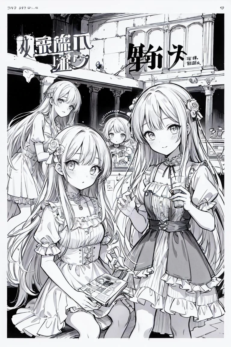 masterpiece, best quality, 1girl,dress,drinking, <lora:manhuav1.1:0.8>,monochrome,lineart,comic,border,koma, text,comic cover