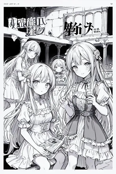masterpiece, best quality, 1girl,dress,drinking, <lora:manhuav1.1:0.8>,monochrome,lineart,comic,border,koma, text,comic cover