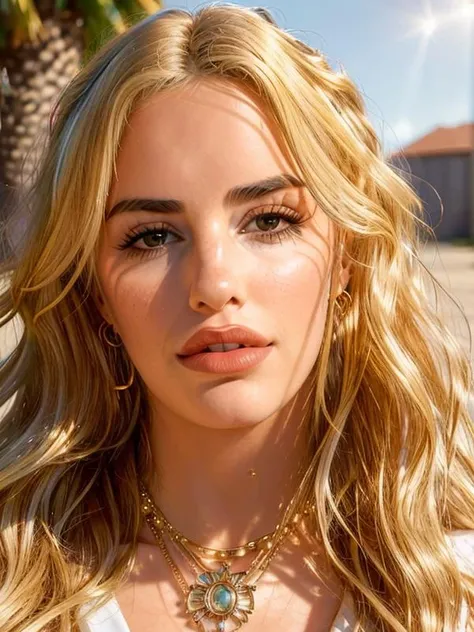 gquality, <lora:lali:1> lali, 1girl, solo, looking at viewer, blonde hair, jewelry, earrings, parted lips, necklace, portrait, realistic, day, sunlight, curly hair