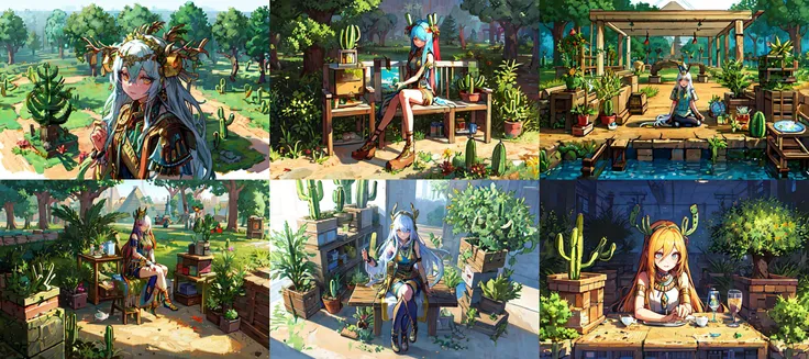 (otherworldly, otherworldly atmosphere, otherworldly appearance), highly insanely detailed, masterpiece, top quality, best quality, highres, 4k, 8k, RAW photo, collar, earrings, jewelry, necklace, armlet,
(long_hair, long hair, random colors cloth, random colors hair, random long hair, dynamic hair, glowing hair, hair over one eye),
(eyelashes, eyeliner, eyeshadow, eyelashes),
makeup,
(dynamic pose), nsfw,
((ancient egyptian theme)), golden ornaments,
1girl, (portrait),
((desert, Mexico, cacti)),
a grove of mechanical trees swaying to the rhythm of coded breezes, (tranquil:0.6), (serene:0.5),
<lora:cabin in the woods:0.75>, tree, no humans, scenery, plant, water, nature, pond, plate, grass, stove, forest, house scene, 2d game scene, (pixel art:1.4),
BREAK
scenery, (ancient egyptian ruins), (fantasy world)
