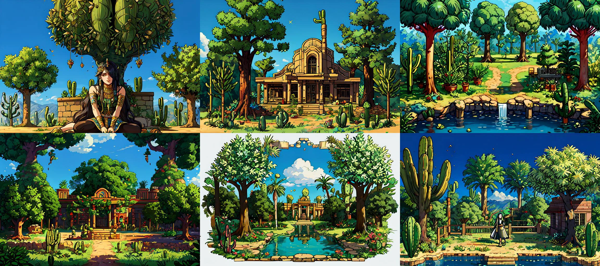 (otherworldly, otherworldly atmosphere, otherworldly appearance), highly insanely detailed, masterpiece, top quality, best quality, highres, 4k, 8k, RAW photo, collar, earrings, jewelry, necklace, armlet,
(long_hair, long hair, random colors cloth, random colors hair, random long hair, dynamic hair, glowing hair, hair over one eye),
(eyelashes, eyeliner, eyeshadow, eyelashes),
makeup,
(dynamic pose), nsfw,
((ancient egyptian theme)), golden ornaments,
1girl, (portrait),
((desert, Mexico, cacti)),
a grove of mechanical trees swaying to the rhythm of coded breezes, (tranquil:0.6), (serene:0.5),
<lora:cabin in the woods:0.75>, tree, no humans, scenery, plant, water, nature, pond, plate, grass, stove, forest, house scene, 2d game scene, (pixel art:1.4),
BREAK
scenery, (ancient egyptian ruins), (fantasy world)