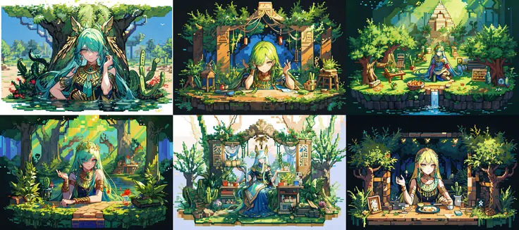 (otherworldly, otherworldly atmosphere, otherworldly appearance), highly insanely detailed, masterpiece, top quality, best quality, highres, 4k, 8k, RAW photo, collar, earrings, jewelry, necklace, armlet, 
(long_hair, long hair, random colors cloth, random colors hair, random long hair, dynamic hair, glowing hair, hair over one eye), 
(eyelashes, eyeliner, eyeshadow, eyelashes), 
makeup, 
(dynamic pose), nsfw, 
((ancient egyptian theme)), golden ornaments, 
1girl, (portrait), 
((desert, Mexico, cacti)), 
a grove of mechanical trees swaying to the rhythm of coded breezes, (tranquil:0.6), (serene:0.5), 
<lora:cabin in the woods:0.75>, tree, no humans, scenery, plant, water, nature, pond, plate, grass, stove, forest, house scene, 2d game scene, (pixel art:1.4), 
BREAK
scenery, (ancient egyptian ruins), (fantasy world)