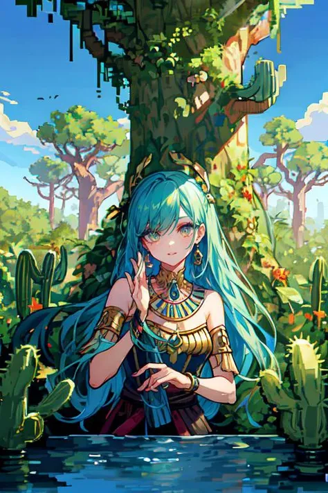(otherworldly, otherworldly atmosphere, otherworldly appearance), highly insanely detailed, masterpiece, top quality, best quality, highres, 4k, 8k, RAW photo, collar, earrings, jewelry, necklace, armlet, (long_hair, long hair, random colors cloth, random colors hair, random long hair, dynamic hair, glowing hair, hair over one eye), (eyelashes, eyeliner, eyeshadow, eyelashes), makeup, (dynamic pose), nsfw, ((ancient egyptian theme)), golden ornaments, 1girl, (portrait), ((desert, Mexico, cacti)), a grove of mechanical trees swaying to the rhythm of coded breezes, (tranquil:0.6), (serene:0.5), <lora:cabin in the woods:0.75>, tree, no humans, scenery, plant, water, nature, pond, plate, grass, stove, forest, house scene, 2d game scene, (pixel art:1.4), BREAK, scenery, (ancient egyptian ruins), (fantasy world)
