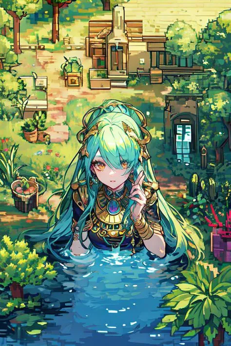 (otherworldly, otherworldly atmosphere, otherworldly appearance), highly insanely detailed, masterpiece, top quality, best quality, highres, 4k, 8k, RAW photo, collar, earrings, jewelry, necklace, armlet, (long_hair, long hair, random colors cloth, random colors hair, random long hair, dynamic hair, glowing hair, hair over one eye), (eyelashes, eyeliner, eyeshadow, eyelashes), makeup, (dynamic pose), nsfw, ((ancient egyptian theme)), golden ornaments, 1girl, (portrait), ((desert, Mexico, cacti)), a grove of mechanical trees swaying to the rhythm of coded breezes, (tranquil:0.6), (serene:0.5), <lora:cabin in the woods:0.75>, tree, no humans, scenery, plant, water, nature, pond, plate, grass, stove, forest, house scene, 2d game scene, (pixel art:1.4), BREAK, scenery, (ancient egyptian ruins), (fantasy world)