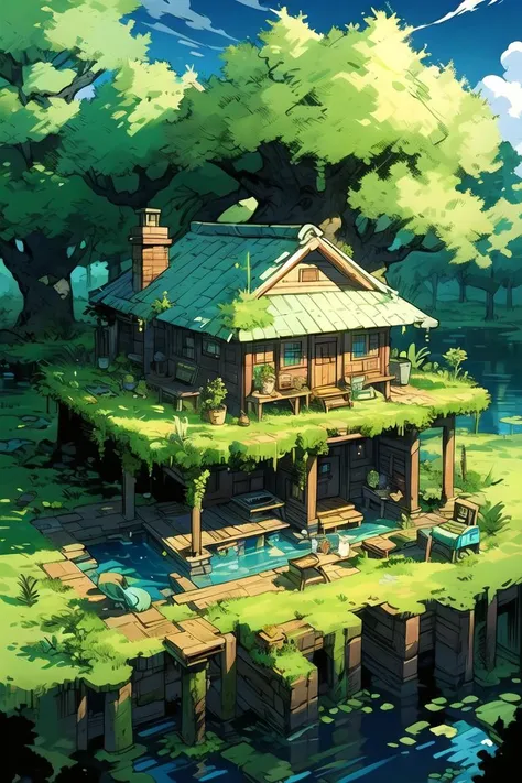 (best quality, ultra detailed, hyper realistic), miniature, isometric, landscape, tree, plant, grass, house scene, moss, sky, swamp, aquatic plants, <lora:cabin in the woods:0.7>,