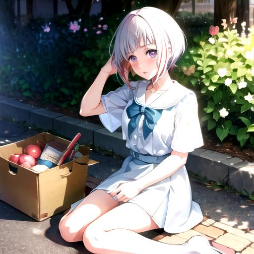 Anime girl sitting on the ground with a box of apples - SeaArt AI