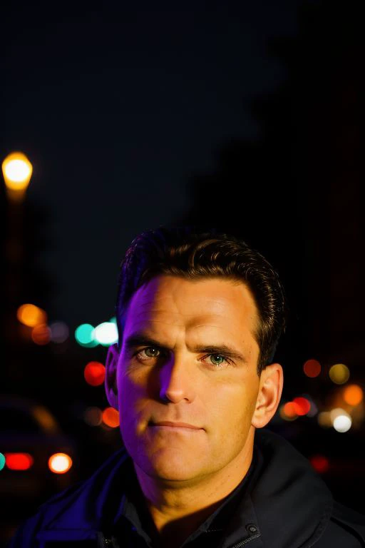 raw photo of a handsome man, midnight in the city, cool dark night, looking at the camera, police officer, police cruiser in the background, extreme close up, 8k uhd, fujifilm xt3