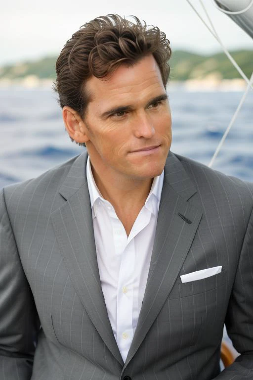 raw photo of a handsome man, in a stunning suit, on a yacht on the ocean, extreme close up, 8k uhd