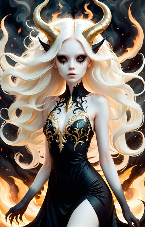 abstract geometric gradients, (by Melissa Launay), dark and moody torso shot of a beautiful female demon with deep black eyes, albino with very pale skin, long billowing hair blowing in the wind, floating fire particles, gold filigree, black latex dress, (long intricate horns:1.2) <lora:WB2.2:0.8>, bleak, illustration, surreal fantasy