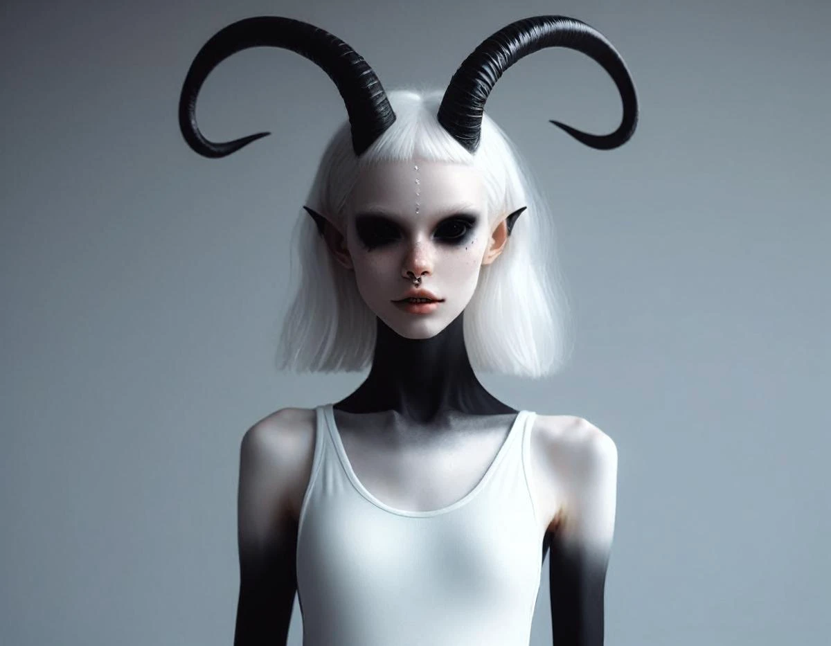 (cupping face with hands, head shot portrait:1.3) of very pale white skin demon girl with black horns, (pitch black eyes:1.2), white background , ( black gradient arms and legs:1.2) , white hair , well lit , very skinny, <lora:Wb1:1>
(raw photo:1.4), (photorealistic:1.3), best quality, highest quality, extremely detailed CG unity 8k wallpaper,