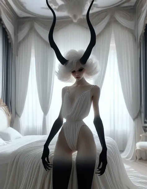 pale skin demon woman, wearing white blouse and black bubble shorts, in bedroom with evil seductive vibe , ( black gradient arms and legs:1) , white hair , well lit <lora:Wb1:1>, a realistic baroque bedroom, white canopy over bed, white drapes, damask patterns, intricate details,    in the style of Vittorio Matteo Corcos