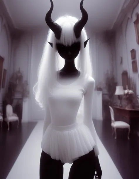 walking through  a decadent mansion , a  very pale white  skin demon girl with black horns, (pitch black eyes:1),( wearing white tank sweater and white tutu:1.2) , ( black gradient arms and legs:1.2) , white hair , well lit  , very skinny,     <lora:Wb1:1>  
  <lora:HRII:1.5>