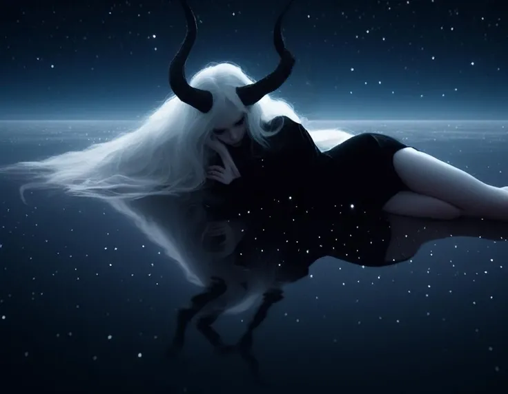 laying down near a river at night , pale skin demon woman, (long black horns,:1.2) with evil seductive vibe , ( black gradient arms and legs:1) , white hair , well lit <lora:Wb1:1> starry night, reflections, dramatic pose