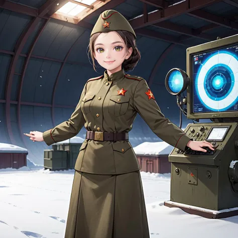 <lora:SDXL 50Soviet Military uniform-000003:0.5>
1girl,solo,Soviet Military uniform, dynamic pose, 2D, animated, Antarctic Base, minecart, magnetic storm coils, smile,
best quality, high quality, highres, masterpiece,
looking at viewer, facing viewer,