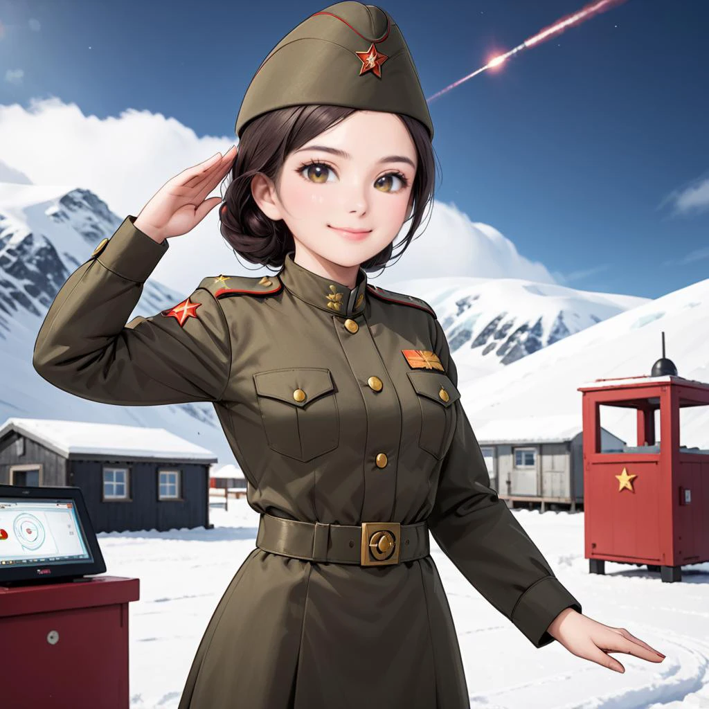 <lora:SDXL 50Soviet Military uniform-000003:0.5>
1girl,solo,Soviet Military uniform, dynamic pose, 2D, animated, Antarctic Base, minecart, magnetic storm coils, smile, salute,
best quality, high quality, highres, masterpiece,
looking at viewer, facing viewer,