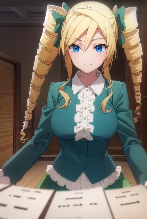 ellismaclaine, <lora:ellis maclaine s2-lora-nochekaiser:1>,
ellis maclaine, long hair, blue eyes, blonde hair, bow, twintails, hair bow, drill hair, twin drills, smile,
BREAK skirt, shirt, long sleeves, white shirt, pantyhose, frills, green skirt, underbust,
BREAK indoors, classroom,
BREAK looking at viewer,
BREAK <lyco:GoodHands-beta2:1>, (masterpiece:1.2), best quality, high resolution, unity 8k wallpaper, (illustration:0.8), (beautiful detailed eyes:1.6), extremely detailed face, perfect lighting, extremely detailed CG, (perfect hands, perfect anatomy),