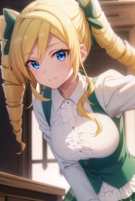ellismaclaine, <lora:ellis maclaine s2-lora-nochekaiser:1>,
ellis maclaine, long hair, blue eyes, blonde hair, bow, twintails, hair bow, drill hair, twin drills, smile,
BREAK skirt, shirt, long sleeves, white shirt, pantyhose, frills, green skirt, underbust,
BREAK indoors, classroom,
BREAK looking at viewer,
BREAK <lyco:GoodHands-beta2:1>, (masterpiece:1.2), best quality, high resolution, unity 8k wallpaper, (illustration:0.8), (beautiful detailed eyes:1.6), extremely detailed face, perfect lighting, extremely detailed CG, (perfect hands, perfect anatomy),
