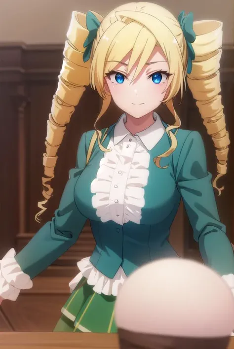 ellismaclaine, <lora:ellis maclaine s2-lora-nochekaiser:1>,
ellis maclaine, long hair, blue eyes, blonde hair, bow, twintails, hair bow, drill hair, twin drills, smile,
BREAK skirt, shirt, long sleeves, white shirt, pantyhose, frills, green skirt, underbust,
BREAK indoors, classroom,
BREAK looking at viewer,
BREAK <lyco:GoodHands-beta2:1>, (masterpiece:1.2), best quality, high resolution, unity 8k wallpaper, (illustration:0.8), (beautiful detailed eyes:1.6), extremely detailed face, perfect lighting, extremely detailed CG, (perfect hands, perfect anatomy),
