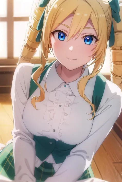 ellismaclaine, <lora:ellis maclaine s2-lora-nochekaiser:1>,
ellis maclaine, long hair, blue eyes, blonde hair, bow, twintails, hair bow, drill hair, twin drills, smile,
BREAK skirt, shirt, long sleeves, white shirt, pantyhose, frills, green skirt, underbust,
BREAK indoors, classroom,
BREAK looking at viewer,
BREAK <lyco:GoodHands-beta2:1>, (masterpiece:1.2), best quality, high resolution, unity 8k wallpaper, (illustration:0.8), (beautiful detailed eyes:1.6), extremely detailed face, perfect lighting, extremely detailed CG, (perfect hands, perfect anatomy),