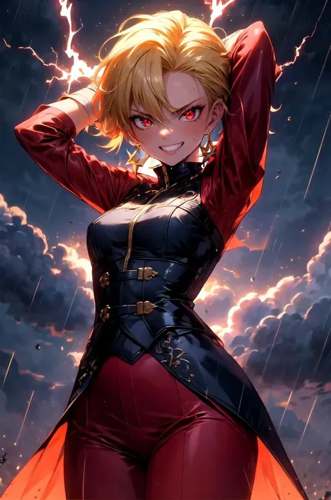 (masterpiece, best quality, detailed), 1girl, solo, looking at viewer, briar, blonde hair, red eyes, short hair, earrings,
<lora:r1ge - AnimeRage:0.65>, glowing, flying debris, magic, aura, energy, outdoors, lightning, rain, cloudy sky, wet, storm, wind, arms behind head, smirk, smile, parted lips, grin