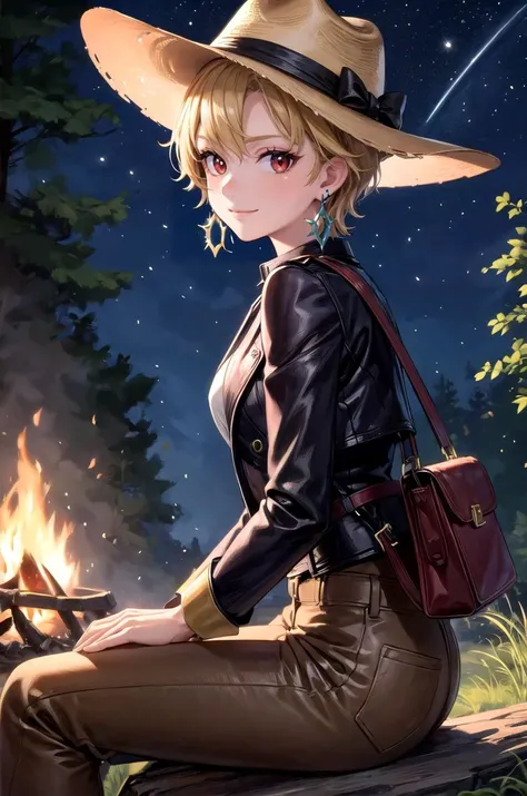 (masterpiece, best quality, detailed), 1girl, solo, looking at viewer, briar, blonde hair, red eyes, short hair, earrings,
fedora, brown headwear, brown pants, black belt, cowboy hat, brown jacket, leather jacket, indiana jones, white shirt, satchel, (campfire), night, nature, night sky, forest, sitting, from side, smile, closed mouth