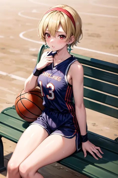 (masterpiece, best quality, detailed), 1girl, solo, looking at viewer, briar, blonde hair, red eyes, short hair, earrings,
basketball jersey, shorts, sweatband, headband, wristband, basketball, <lora:school_yard_v0.1:1>, school yard, field, sitting on bench, on bench, bench, sitting, full body, parted lips, heavy breathing, sweatdrop