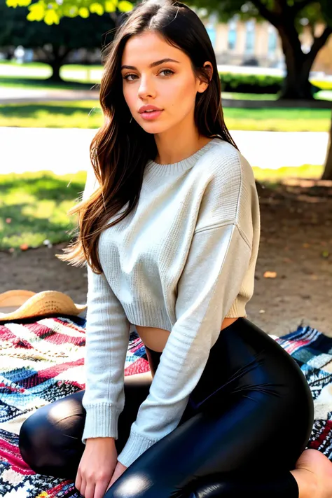 K4t13B3ll_HM-135, long hair, modern photo, (wearing large edgPO pullover, edgPO), <lora:edgPullovers:0.6>, (wearing leggings), (cowboy shot), (35mm, F/2.8) Photo Focus, DOF, Aperture, insanely detailed and intricate, character, hypermaximalist, beautiful, revealing, appealing, attractive, amative, hyper realistic, super detailed, beautiful girl, ((detailed eyes)), long eyelashes, (glossy lips), sitting on a blanket in the park, picnic, daytime, bright lighting, solo