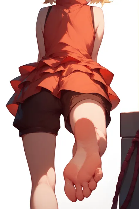 (score_9,score_8_up,score_7_up,),ultra detailed,<lora:shinobu short hair>,standing_split,white background,<lora:Expressive_H-000001:0.7>,Expressiveh,from behind,(foot focus:1.2),shinobu,red dress,blonde hair,short hair,barefoot,yellow eyes,shorts,sleeveless,