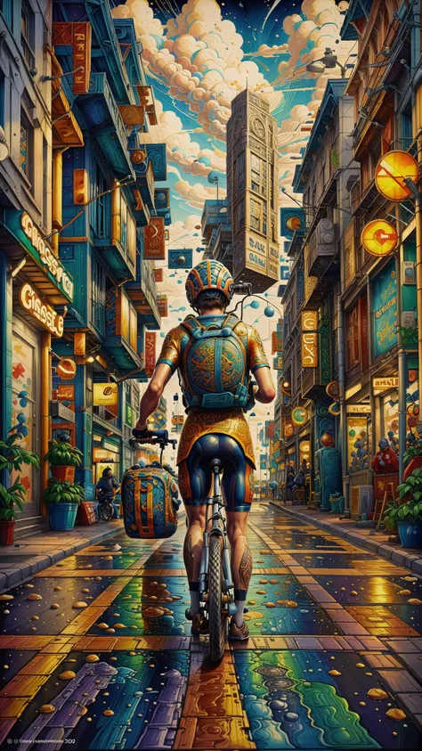 RAW photo, photorealistic, <lora:GaelicPatternStyle:1> GaelicPatternStyle a study of cell shaded cartoon of a food delivery cyclist on a street, side view, illustration, picture from behind, vibrant colors, post grunge, concept art by josan gonzales and wlop, by james jean, Victo ngai, David Rubï¿½n, Mike Mignola, Laurie Greasley, highly detailed, sharp focus, alien, Trending on Artstation, HQ, deviantart, art by artgem, (Masterpiece:1.3) (best quality:1.2) (high quality:1.1)