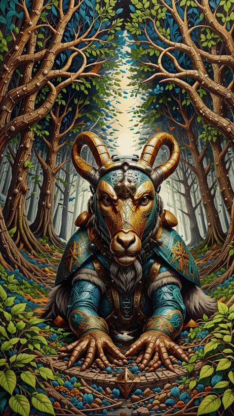 RAW photo, photorealistic, <lora:GaelicPatternStyle:1> GaelicPatternStyle enchanted forest caving helmet,heron,helictite,mountain goat
, (Masterpiece:1.3) (best quality:1.2) (high quality:1.1)