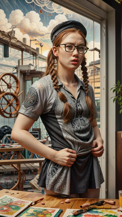 RAW photo, photorealistic, <lora:GaelicPatternStyle:1> GaelicPatternStyle Black and White photography, Caucasian, young, man, Long hair, Pigtails hair, Wavy undercut, Red hair, Hat, Asian eyes shape, Albino eyes, Reading glasses, Pouting lips, Mauve lips, Circle face, Watercolor makeup, Angry, Beefy body, Jojo pose, Writing, Sporty dress, Loop lighting, Heat haze, Sunset, Heavy rain, Neutral gray background, Studio background, Fuji X-T4, Cowboy shot, High angle, (Masterpiece:1.3) (best quality:1.2) (high quality:1.1)