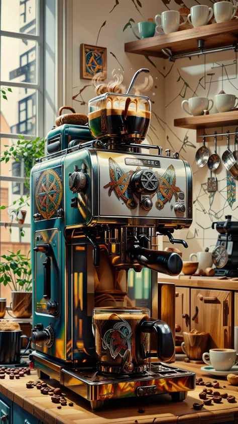 RAW photo, photorealistic, <lora:GaelicPatternStyle:1> GaelicPatternStyle coffee machine, (Masterpiece:1.3) (best quality:1.2) (high quality:1.1)