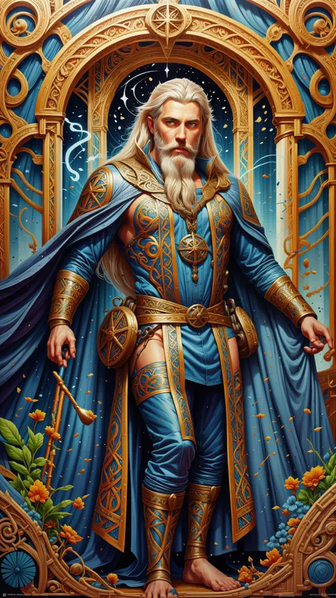 <lora:GaelicPatternStyle:1> GaelicPatternStyle medium - length portrait of a male wizard wreathed in arcane sigils with long white hair and glowing blue eyes, long white beard, dark brown skin, stern expression, wears a long robe, medieval setting, dramatic pose, highly detailed, digital painting, artstation, concept art, sharp focus, illustration, art by greg rutkowski and alphonse mucha