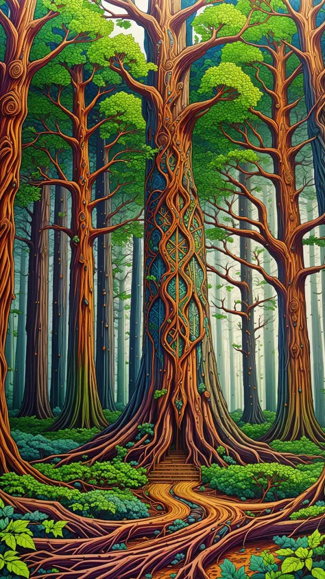 RAW photo, photorealistic, <lora:GaelicPatternStyle:1> GaelicPatternStyle giant redwood with rough bark towering over a verdant forest floor, (Masterpiece:1.3) (best quality:1.2) (high quality:1.1)
