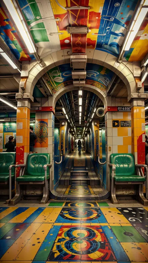 RAW photo, photorealistic, <lora:GaelicPatternStyle:1> GaelicPatternStyle underground subway station adorned with intricate graffiti, (Masterpiece:1.3) (best quality:1.2) (high quality:1.1)