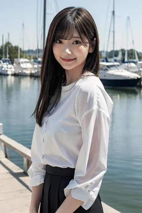 (realistic, photo-realistic:1.3), (masterpiece), (best quality:1.4), (ultra high res:1.2), (RAW photo:1.2), (sharp focus:1.3), front lighting, (extremely beautiful actress), slender, elegant, neat, (white skin), shiny skin, (no makeup), ((natural skin)), (shine hair:1.3), ((oval face)), extremely detailed face, smaller face, extremely detailed eyes, drooping eyes, big eyes, round eyes, high nose bridge, tall, narrow waist, (long and beautiful legs:1.2), 
1girl, smile, looking at viewer, solo, bangs, long hair, (20yo, 20 years old), (outdoors), (yamada marina), standing, arms behind back, shirt
<lora:JapaneseDollLikeness_verB:0.2> <lora:YamadaMarina_v1:1>