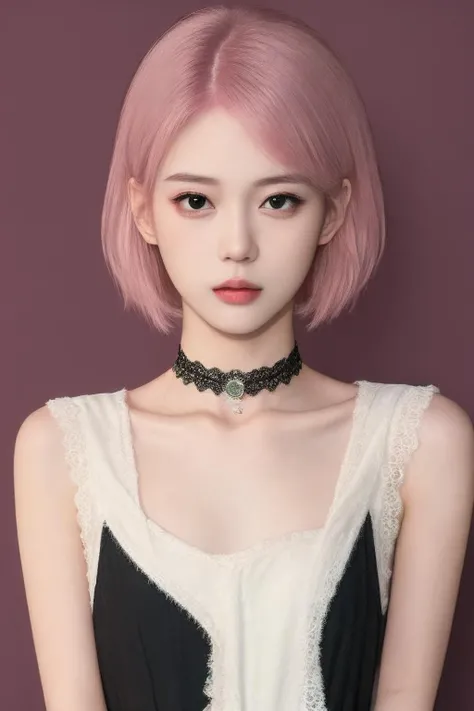 Cute girl short pink hair, with two bows on each side of the hair, all her hair short pink , with a star clip in her pink hair, light colored eyes, pretty eyes, crying eyes, pretty, upturned nose, watery nose, Pretty lips, pink lips, heart and cupid shaped lip, pretty skin, pale, White skin, with moles and freckles all over his face, soft pink blush on the cheeks, natural pink blush, soft pink makeup, Jennie, nice neck, marked collar, frown, tender look, with a kiss necklace, a pretty kiss necklace, similar to Yumeko Jabami, while wearing a Crochet YK2, woolen, with a white underwear , while wearing a black jacket with bear prints, while having a bare abdomen, Delgado, marked and pretty, (big breasts, soft breasts, nice breasts), while she is cosplaying the character Yumeko Jabami, The anime Kakegurui, looking to the camera, full body photography