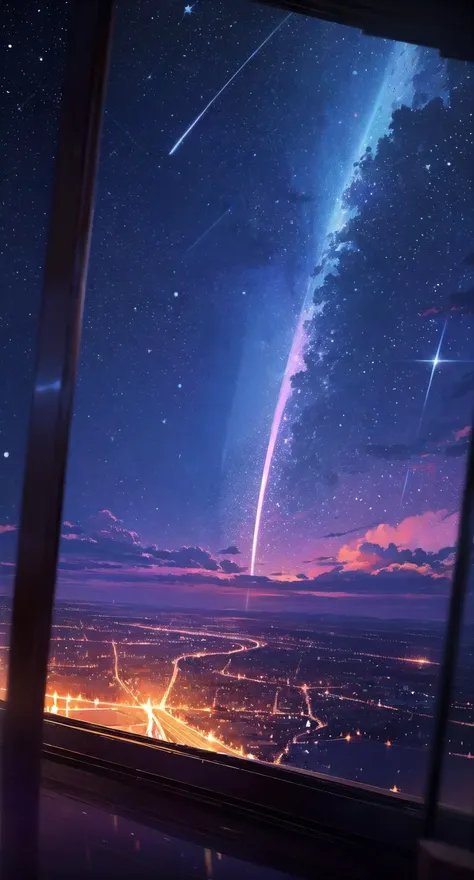 glimmer, no humans, scenery, window, star (sky), sky, night, starry sky, night sky, cloud, reflection <lora:glimmer-locon:1>