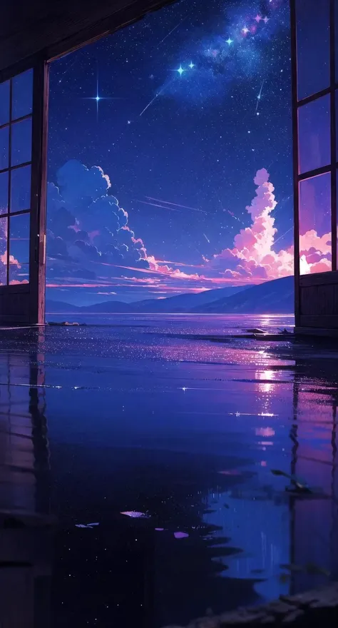 glimmer, no humans, scenery, window, star (sky), sky, night, starry sky, night sky, cloud, reflection <lora:glimmer-locon:1>