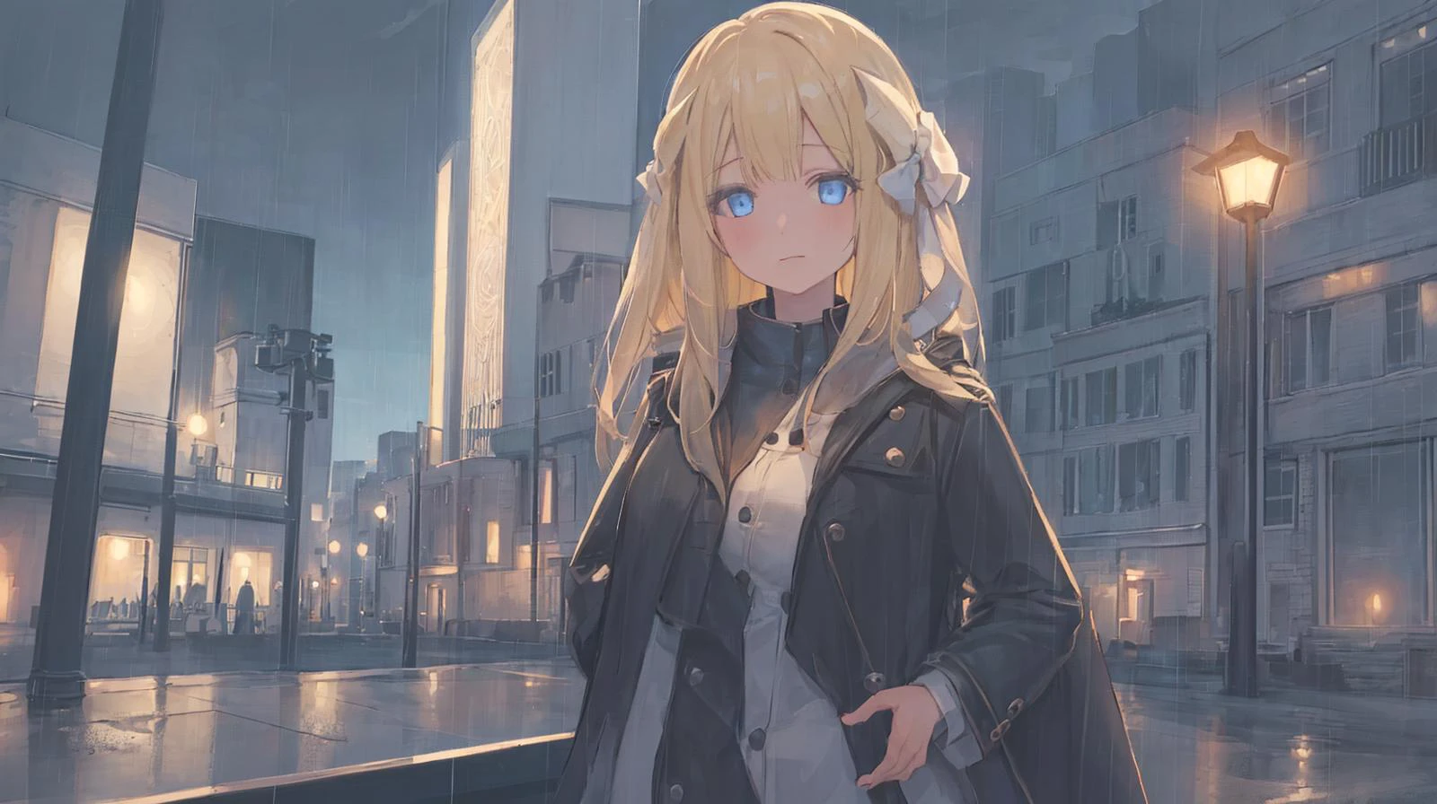 glimmer, rain, scenery, lamppost, building, sky, outdoors, (solo:1.4), night, reflection,( 1 girl in center:1.6) , city, cloud,blonde hair,