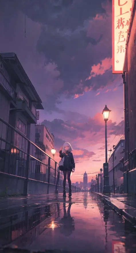 glimmer, rain, scenery, lamppost, building, sky, outdoors, solo, night, reflection, 1girl, city, cloud, <lora:glimmer-locon:1>