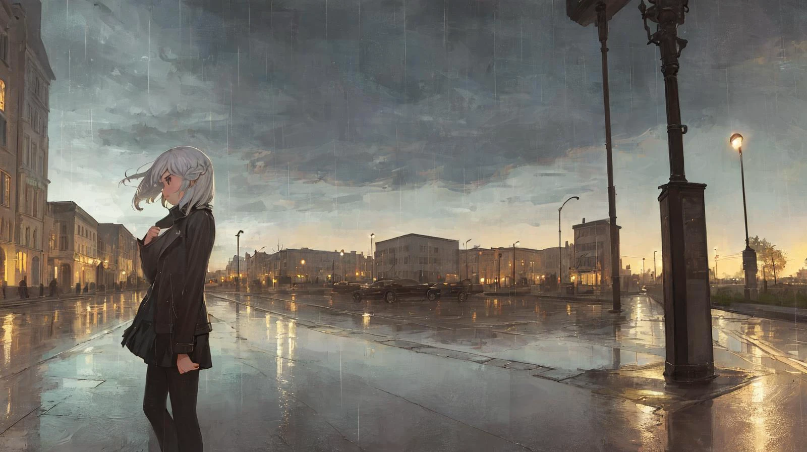 glimmer, rain, scenery, lamppost, building, sky, outdoors, (solo:1.4), night, reflection,( 1 girl in center:1.6) , city, cloud,