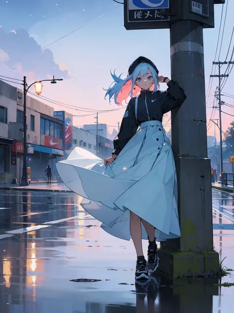 ((masterpiece)), ((ultra-detailed)), pixiv, best shadows, best lighting, best quality, absurdres, highres, cinematic shot, extremely detailed, <lora:glimmer-locon:0.8:FO>, glimmer, rain, scenery, night, reflection, 1girl, utility pole, cloud, colorful, starry, stars, sky,  <lora:clothesUpdate:0.5> Nike Outfit, Streetwear Outfit, sneakers, running shoes, shoes, dress, long dress, looking at viewer, concrete wall, graffiti, cracks, ((close up))