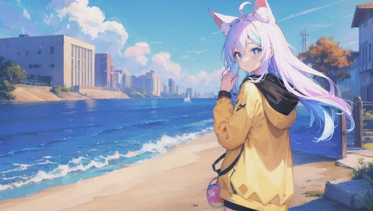 (masterpiece, top quality, best quality),dynamic angle, 1girl, white hair,white skin, white pupils, ((grey eyes)), tareme, ((long hair)), ahoge, wolf ears,fox tail, small breasts, (black hoodie),denim shorts,:3,<lora:gyokai:0.4>,<lora:zoom_slider_v1:0>,street,cinematic lighting, <lora:epiNoiseoffset_v2:0>, <lora:dungeon_v2.0:0> ,landscape ,close up,sunlight,glowing,blue sky,cloud,city,buildings,alley ,  <lora:glimmer-locon:1>,glimmer