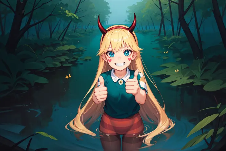 masterpiece, highest quality, cowboy shot, best quality, 1girl, solo, looking at viewer, ((head over water)), ((body under water)), Head focus, (thumb up:1.2),
star butterfly, blonde hair, blue eyes, facial mark, fake horns, hairband, heart cheeks, horned headwear, long hair, pantyhose, striped pantyhose, <lora:my_StarButterfly_v1:0.4> lake, water, (green colored water:1.1), (swamp:1.2),
lozhkin, (grin:1.1), accurate teeth with gaps, open mouth, <lora:lozhkin_V1:0.3>