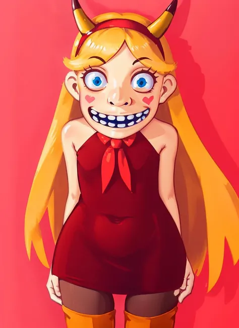 1girl,  looking at viewer, solo,
star butterfly, blonde hair, blue eyes, dress, facial mark, fake horns, grin, hairband, heart cheeks, horned headwear, long hair, pantyhose, striped pantyhose, <lora:my_StarButterfly_v1:0.4>
lozhkin, grin, accurate teeth with gaps <lora:lozhkin_V1:0.8>